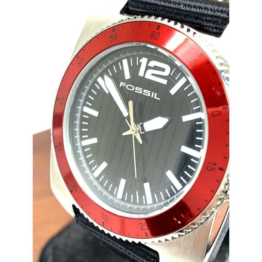 Fossil Men's Watch WB1042 Quartz Black Dial Silver Red Bezel 38mm Nylon …